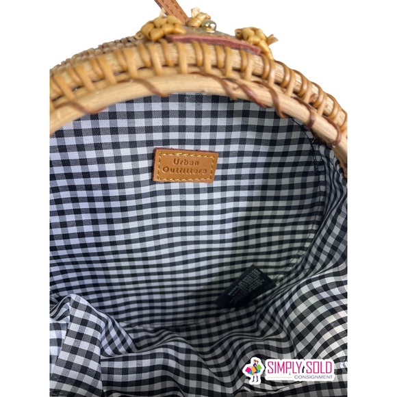 Urban Outfitters Womens Round Rattan Crossbody‎ Bag Gingham Liner Snap Boho S - Picture 5 of 9
